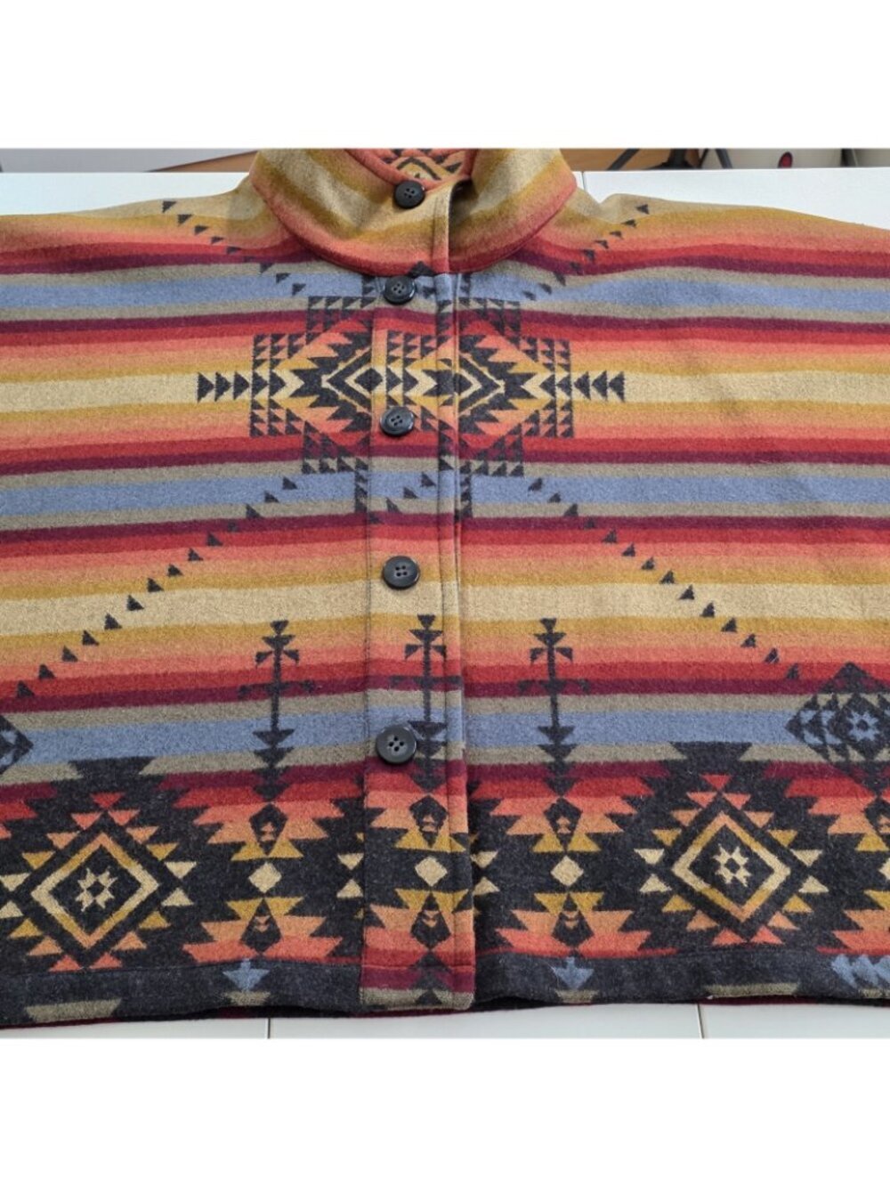 Reversible Wool Cape Poncho OS Southwestern Geometric Aztec Button Jacket Button - Picture 12 of 15